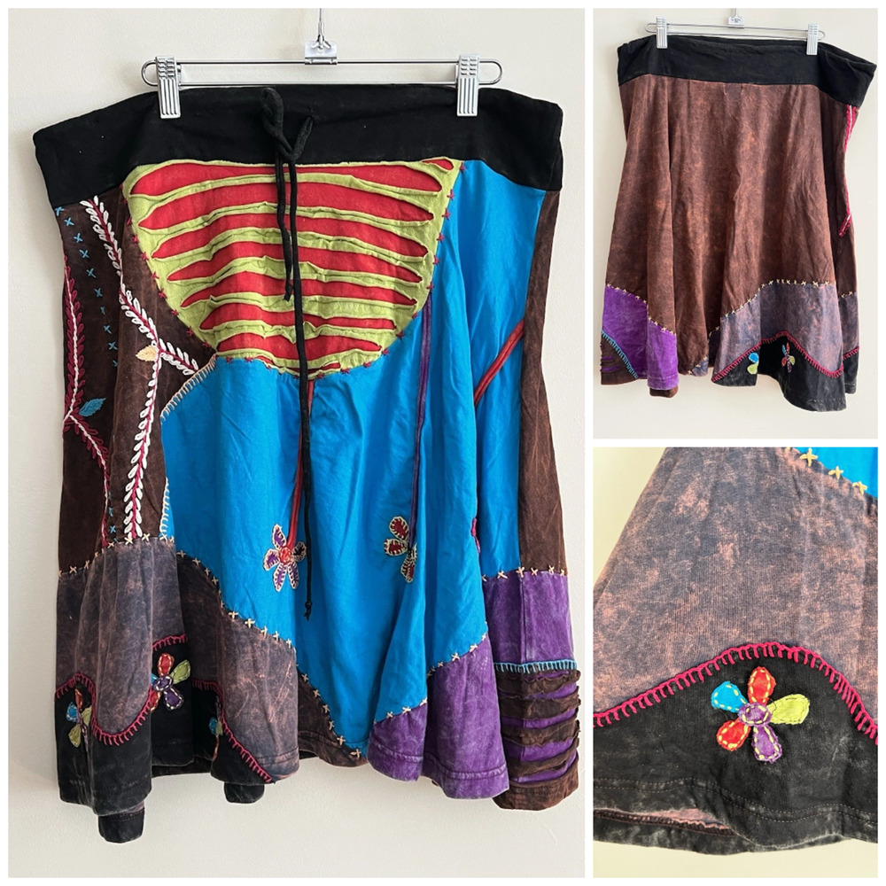 Y2k Rising international Skirt M Hippie Embroidered Flowers Festival Fairy Gypsy